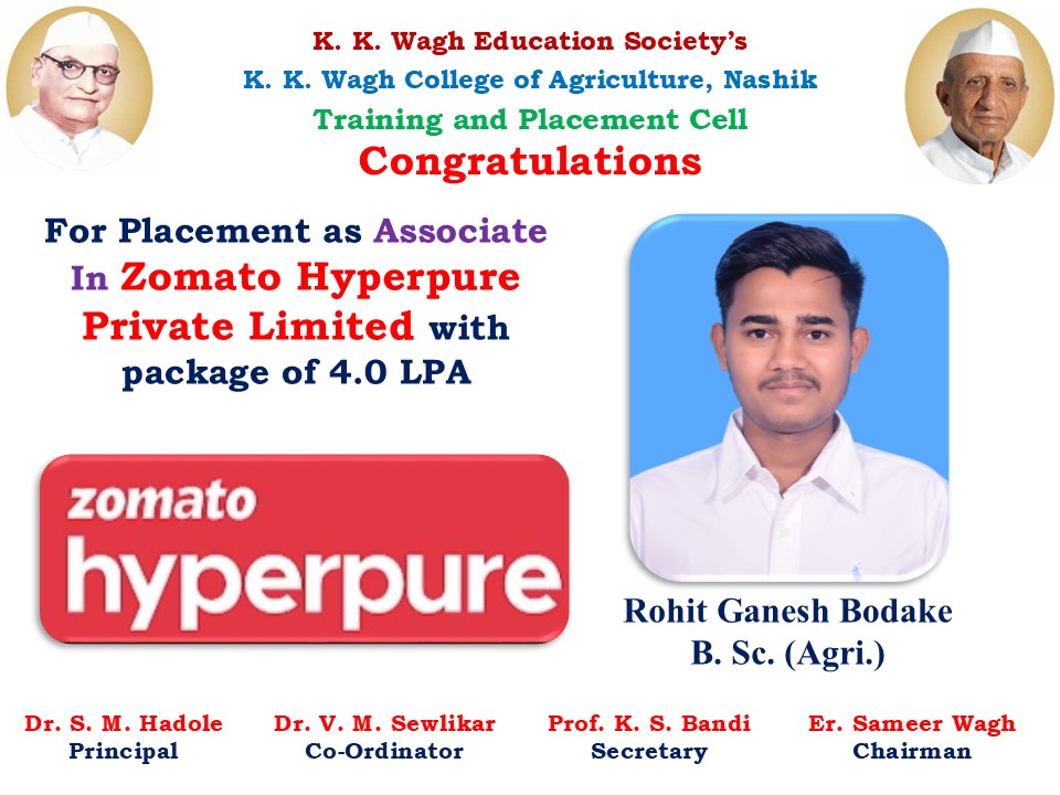 Congratulations  to Mr Rohit Bodake for Placement in Zomato Hyperpure Pvt Ltd with Package of 4.0 LPA